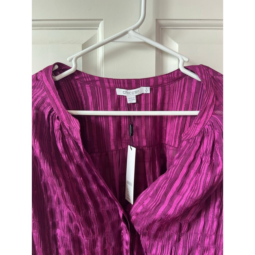 NEW Chico's Split Neck Crinkle Blouse Magenta Purple Shimmer Long Sleeve Sz 16 - Picture 10 of 16